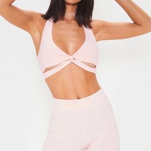 Pink Ribbed twist front halter neck bralet